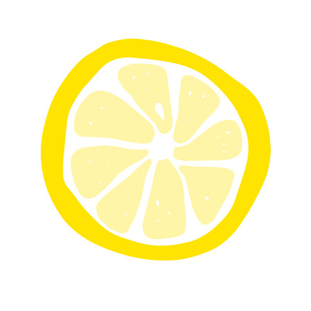 Cartoon yellow slice lemon. Hand-drawn citrus isolated on white background. Delicious fruit is a symbol of summer, wholesome nutrition, natural food. Ingredient for lemonade juice. vector illustrationのイラスト素材