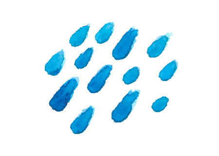 Watercolor vector drops. Blue strokes of paint brush isolated on white background. Aquarelle stains, splash, rain, water, clouds symbol. fresh sign. Tie dye Ornament. hand drawn stock illustrationのイラスト素材