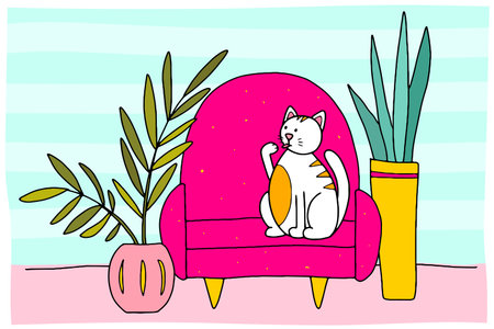Doodle Cat on the couch. Hand-drawn pet in a cozy interior with plants in a pot. White striped animal licks its paw at home. Line kitten sits and washes on soft furniture. Vector funny illustrationのイラスト素材