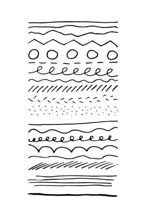 Vector doodle line set. Black brush strokes of paint isolated on white background. Hand-drawn illustration for print, decoration. Liner wave, dot, circle, spiral, loop. Ornamental calligraphic stripesのイラスト素材