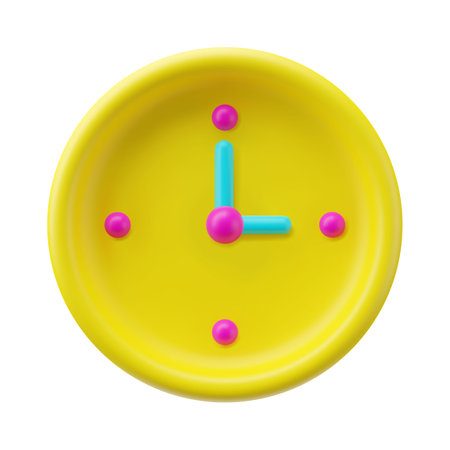 3d plastic round watch. Realistic mechanical clock isolated on white background. Model dial icon. Hour, minutes, time, alarm clock symbol. Yellow Color 3d clay timer. vector deadline illustrationのイラスト素材