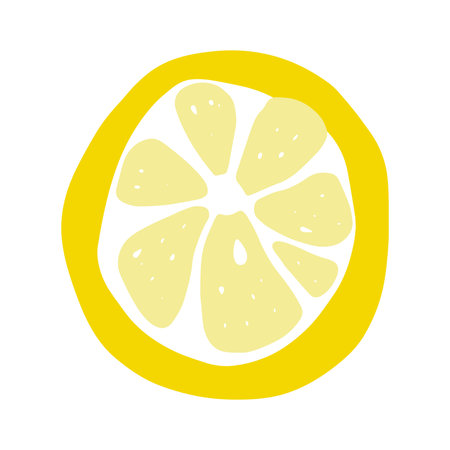 Cartoon round slice lemon. Hand-drawn citrus isolated on white background. Delicious fruit is a symbol of summer, wholesome nutrition, natural food. Ingredient for lemonade juice. vector illustrationのイラスト素材
