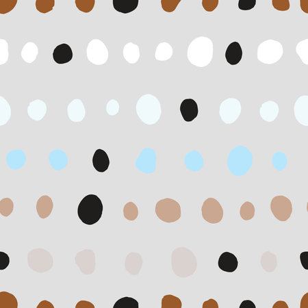 Seamless neutral polka dots pattern. Brown, blue hand-drawn circles on gray background. Abstract points ornament. Vector boho dotted illustration for wallpaper, fabric, print, wrapping paper, textileのイラスト素材