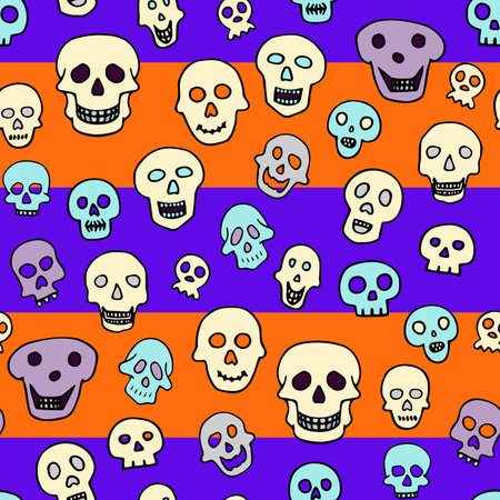Doodle Halloween sculls seamless pattern. Color Skeleton on striped background. Hand-drawn scary cranium. mystical sketch character. Vector illustration for spooky autumn holiday, The day of the Deadのイラスト素材
