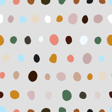 Seamless neutral polka dots pattern. Brown, pink hand-drawn circles on gray background. Abstract points ornament. Vector boho dotted illustration for wallpaper, fabric, print, wrapping paper, textileのイラスト素材