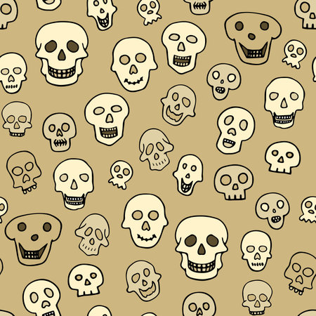 Doodle Halloween sculls seamless pattern. Color Skeleton on beige background. Hand-drawn scary cranium. mystical sketch character. Vector illustration for spooky autumn holiday, The day of the Deadのイラスト素材
