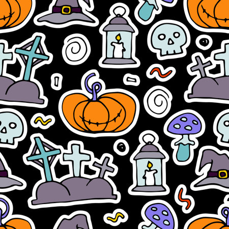 Doodle Halloween seamless pattern. Hand-drawn autumn pumpkin, grave, skull, witch hat on black background. Cute scary horror sticker for fall holiday, Day of the Dead. Vector color spooky illustrationのイラスト素材
