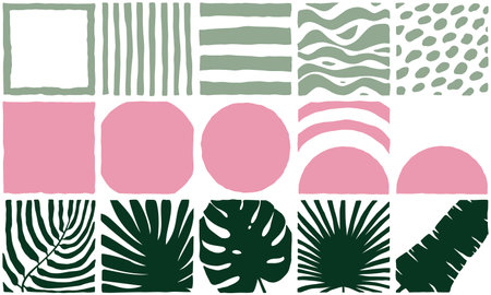 Mint, pink seamless tiled pattern. Hand-drawn exotic plant, tropical leaves, waves, stripes, sun, dots background decor. Vector bright jungle illustration for interior, summer beach fabric, prints setのイラスト素材