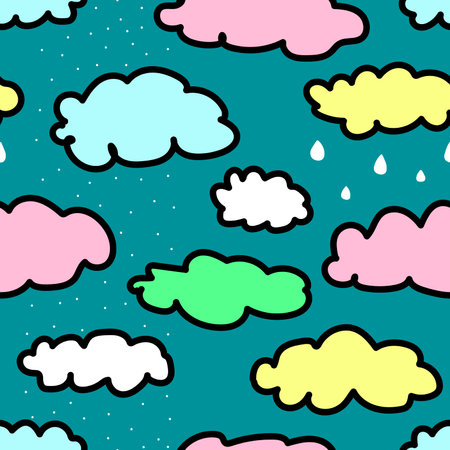 Seamless fairy pattern of clouds with snow and rain. Cute illustration for wallpaper, wrapping paper, textile for children. Multicolored hand-drawn clouds with a green outline on a violet backgroundのイラスト素材