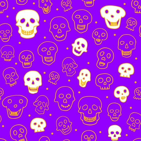 Doodle Halloween sculls seamless pattern. Outline Skeleton on violet background. Hand-drawn scary cranium. mystical sketch character. Vector illustration for spooky autumn holiday, The day of the Deadのイラスト素材