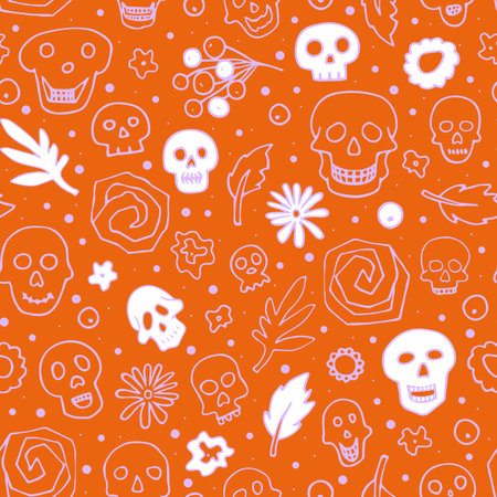 Doodle Halloween sculls, flowers seamless pattern. Skeleton, plant on orange background. Hand-drawn el dia de los Muertos. mystical character. Vector illustration for autumn holiday, Day of deathのイラスト素材