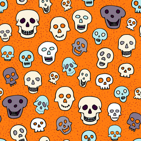 Doodle Halloween sculls seamless pattern. Skeleton on orange texture background. Hand-drawn scary cranium. mystical sketch character. Vector illustration for spooky autumn holiday, The day of the Deadのイラスト素材