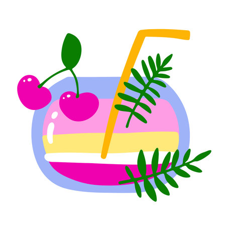 Cartoon tropical cocktail. Pink layers drink on white background. Hand drawn liquor with straw, cherry berries, leaves, spices. Beverage, soda, juice in glass. Vector summer holiday bar illustrationのイラスト素材