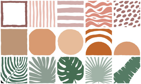 Beige seamless tiled pattern. Hand-drawn exotic plant, tropical leaves, waves, stripes, sun, dots background decor. Vector boho green jungle illustration for interior, summer beach fabric, prints setのイラスト素材
