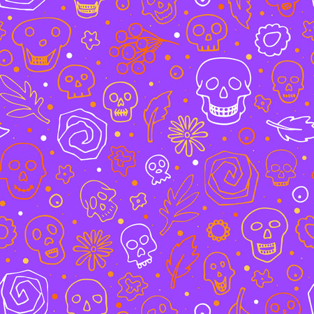 Doodle Halloween sculls, flower seamless pattern. Skeleton, plant on violet background. Hand-drawn el dia de los Muertos. mystical character. Vector illustration for autumn holiday The day of the Deadのイラスト素材