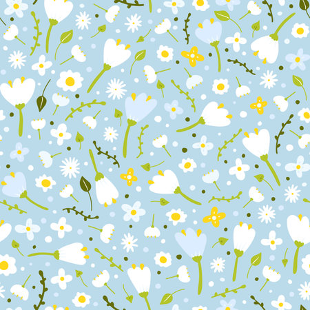 Seamless cartoon abstract flower pattern. White floret on blue background. Hand-drawn plant, petal. Stylized peonies, rose, tulip, chamomile. Light romantic floral leaves ornament. vector illustrationのイラスト素材