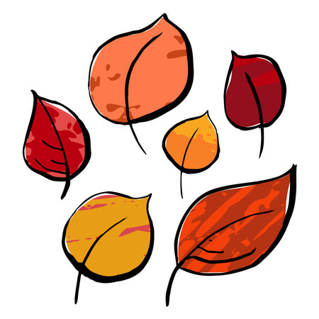 Autumn sketch ink leaf set. Hand-drawn color textured herb, twig on white background. Doodle plant image. Nature, gardening, forest, fall sign. Ecology symbol. vector botanical season illustrationのイラスト素材