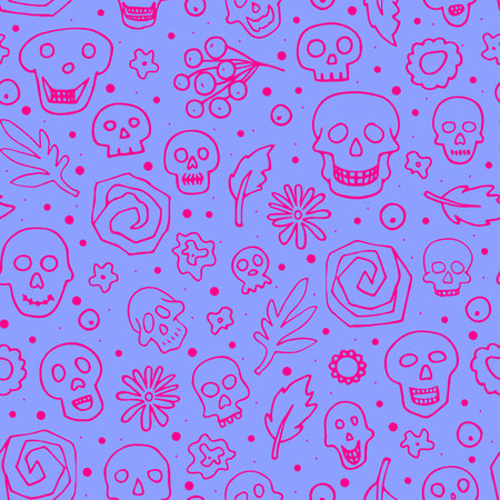 Doodle Halloween sculls, flowers seamless pattern. Skeleton, plant on lilac background. Hand-drawn el dia de los Muertos. mystical character. Vector illustration for autumn holiday The day of the Deadのイラスト素材