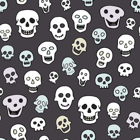 Doodle Halloween sculls seamless pattern. Color Skeleton on gray background. Hand-drawn scary cranium. mystical sketch character. Vector illustration for spooky autumn holiday, The day of the Deadのイラスト素材