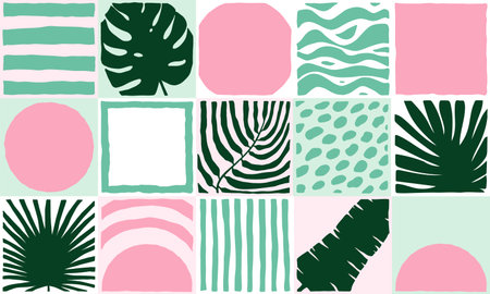 Mint, pink seamless tiled pattern. Hand-drawn exotic plant, tropical leaves, waves, stripes, sun, dots background decor. Vector bright jungle illustration for interior, summer beach fabric, prints setのイラスト素材