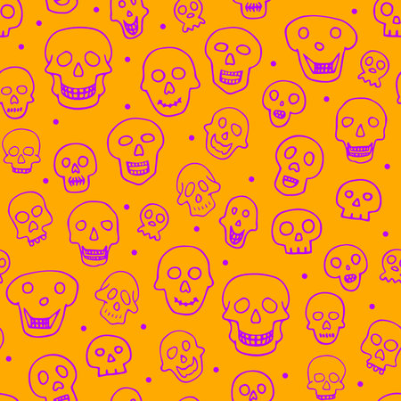 Doodle Halloween sculls seamless pattern. Violet Skeleton on orange background. Hand-drawn scary cranium. mystical sketch character. Vector illustration for spooky autumn holiday, The day of the Deadのイラスト素材