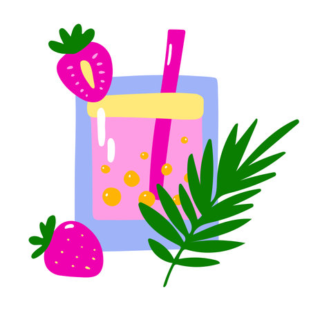 Cartoon tropical cocktail. Pink layers drink on white background. Hand drawn liquor with straw, strawberry, leaves, bubbles. Beverage, soda, juice in glass. Vector summer holiday bar illustrationのイラスト素材