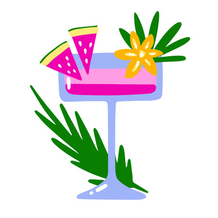Cartoon tropical cocktail. Pink layers drink on white background. Hand drawn liquor with watermelon, leaves, flower. Beverage, soda, juice in stemmed glass. Vector summer holiday bar illustrationのイラスト素材