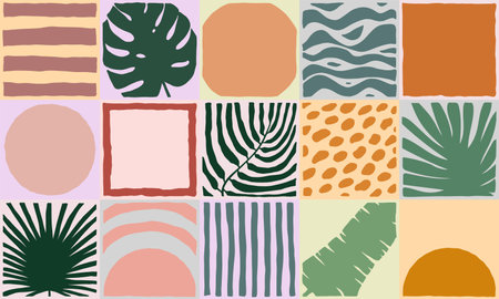 Beige seamless tiled pattern. Hand-drawn exotic plant, tropical leaves, waves, stripes, sun, dots background decor. Vector boho green jungle illustration for interior, summer beach fabric, prints setのイラスト素材