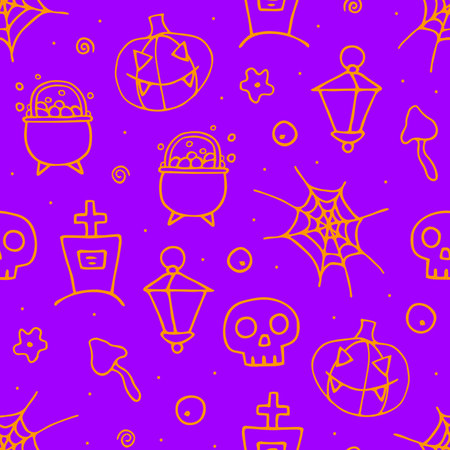 Doodle Halloween seamless pattern. Hand-drawn orange autumn pumpkin, grave, cauldron, skull, web on violet background. Scary horror fall holidays, Day of the Dead banner. vector spooky illustrationのイラスト素材