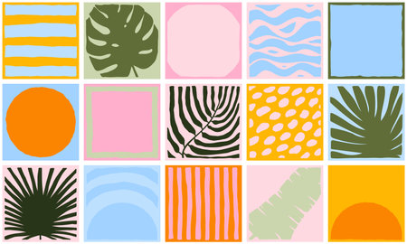 Mint, pink seamless tiled pattern. Hand-drawn exotic plant, tropical leaves, waves, stripes, sun, dots background decor. Vector bright jungle illustration for interior, summer beach fabric, prints setのイラスト素材