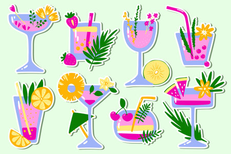 Cartoon tropical cocktails sticker set. Pink Drinks on mint background. Hand-drawn liquor with straws, fruits, berries, leaves, spices. Beverage, soda, juice in glasses. Vector summer illustrationのイラスト素材