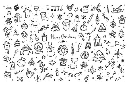 Doodle Christmas set. Hand-drawn New Year symbols. Winter holiday signs. Xmas characters, Christmas trees, decorations, food. Outline Santa, garland cute image, lettering. Vector holiday illustrationのイラスト素材