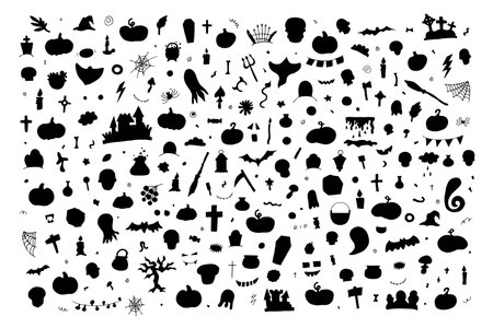 Doodle Halloween silhouette set. Hand-drawn autumn pumpkin, grave, ghost, cross, eye on white background. Cute scary horror banner for fall holidays, Day of the Dead. Vector color spooky illustrationのイラスト素材