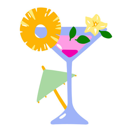 Cartoon tropical cocktail. Pink layers drink on white background. Hand drawn liquor with pineapple, leaves, flower. Beverage, soda, juice in stemmed glass. Vector summer holiday bar illustrationのイラスト素材