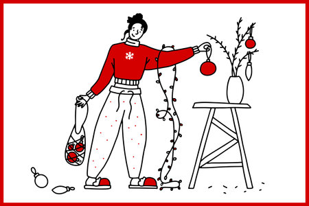 Doodle girl decorating the Christmas tree. Concept of New Year. Cozy home holiday in red pajamas, slippers. Festive decoration balls, garland, branches. Winter cute character. Vector illustrationのイラスト素材