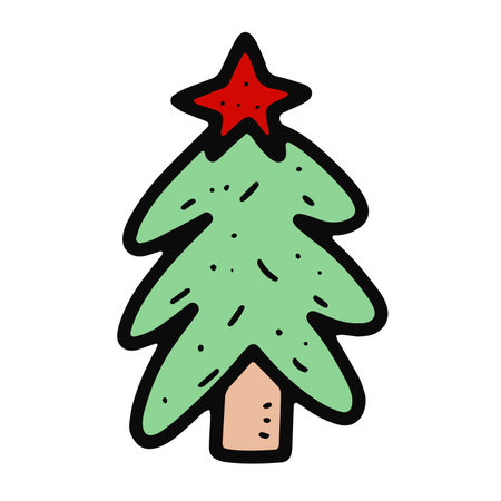 Vector cozy doodle tree illustration. Hand-drawn fir-tree on white background. Colored Scandinavian spruce with star. Happy New Year, Merry Christmas holiday celebration symbol. Festive cute signのイラスト素材