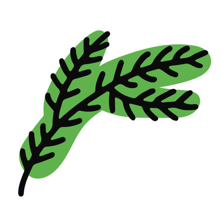 Christmas tree branch on a white background. Cute decorative green pine twig in Scandinavian style. Festive decoration element for Christmas, New Year. Minimalistic symbol of the winter holidayのイラスト素材