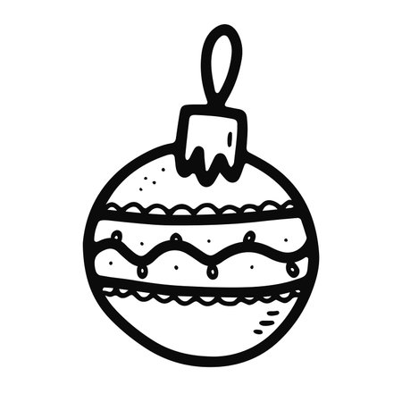 Doodle Christmas ball image. Seasonal ornament Toy isolated on white background. Outline festive decoration. Vector New Year illustration. Traditional sign. Cute hand drawn winter holidays symbolのイラスト素材