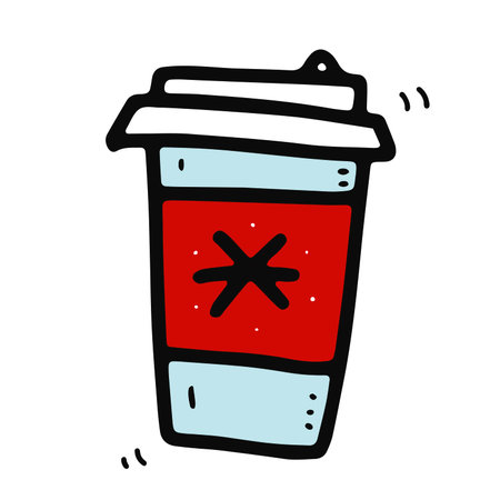 Doodle winter coffee to go cup. Cute hot beverage on white background. Red tea, latte, cappuccino, americano, takeaway mug with snowflake, lid. Vector Christmas dishes illustration for shop, cafeのイラスト素材
