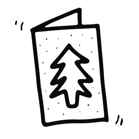 Doodle postcard with Christmas tree, snowflakes. Hand-drawn outline winter card isolated on white background. Sign of congratulation, invitation, mail, present, New Year. Vector cute snow illustrationのイラスト素材