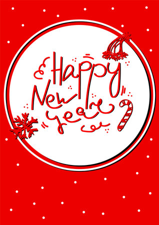 Festive vector lettering Happy New Year. Red hand-drawn text and line art symbols of Christmas, New Year on white snow background. Messy Postcard Tangled Snowflake, Santa Hat, Peppermint Candy imageのイラスト素材