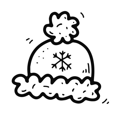 Doodle cute hat with snowflake, fur. Hand drawn outline cap isolated on white background. Santa Claus woolen warm clothes. Symbol of winter, Christmas carnival party costume. Vector cozy illustrationのイラスト素材