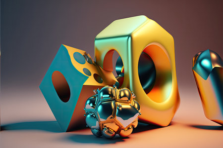 3d rendering of cubes with gold and blue parts on dark backgroundの素材