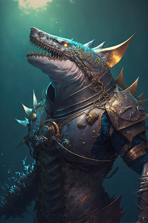 3D Illustration of a fantasy dragon with armor and spikes.の素材