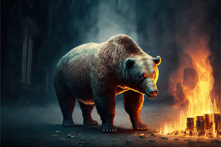 Burning bear with big fire in the background. 3d renderingの素材