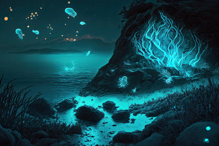 Fantasy underwater scene with sea, rocks, plants and alien.の素材
