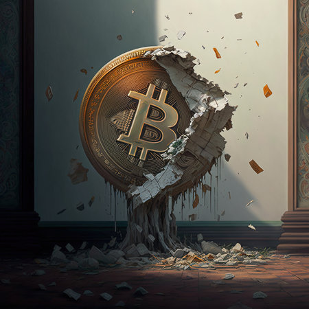Broken bitcoin in the room. 3D render. Digital illustration.の素材
