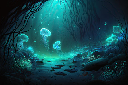Underwater landscape with jellyfish. Underwater world. Vector illustration.の素材