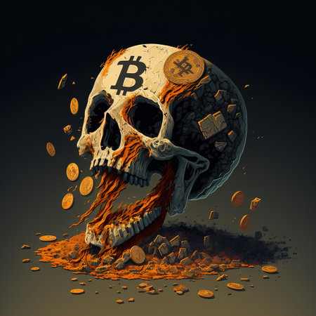Skull with bitcoin and coins on a dark background. 3d illustrationの素材