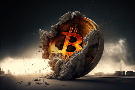 Conceptual image of bitcoin with smoke and cityscape on backgroundの素材